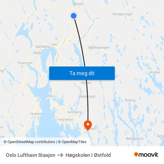 Oslo Lufthavn Stasjon to Høgskolen I Østfold map