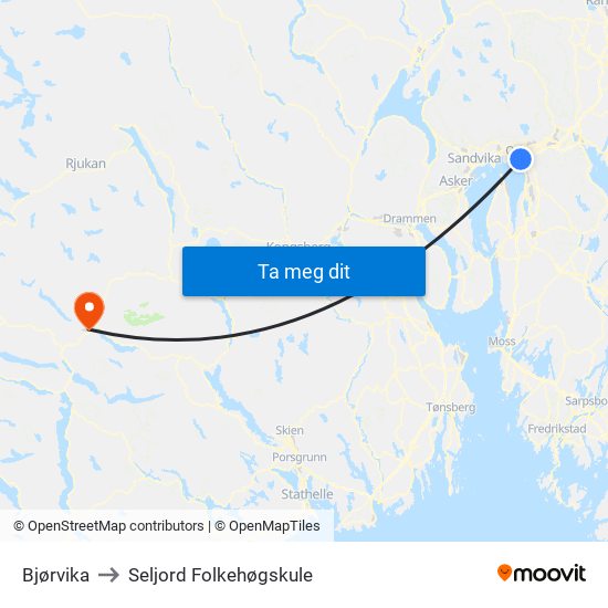 Bjørvika to Seljord Folkehøgskule map