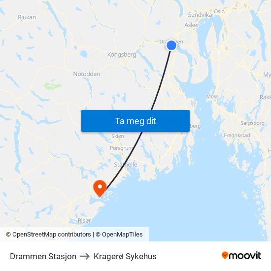 Drammen Stasjon to Kragerø Sykehus map