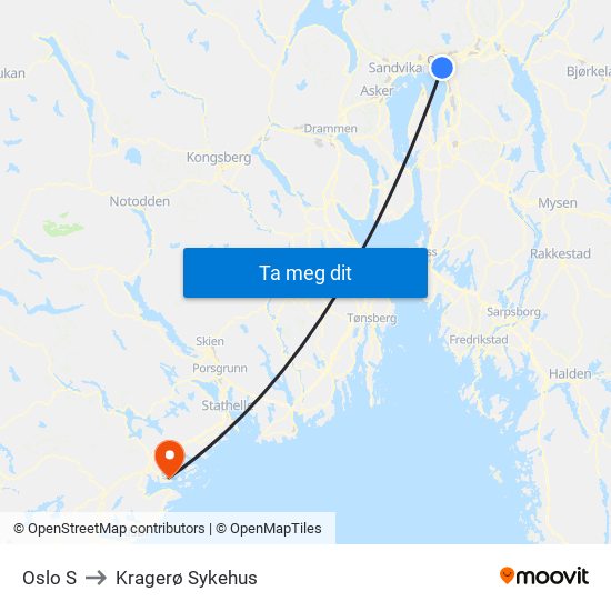 Oslo S to Kragerø Sykehus map