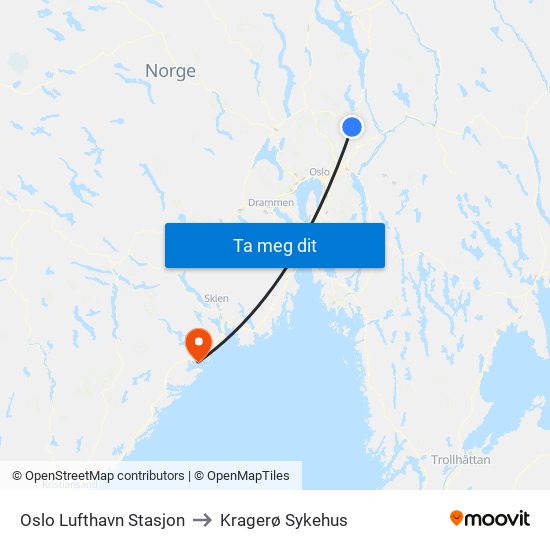 Oslo Lufthavn Stasjon to Kragerø Sykehus map