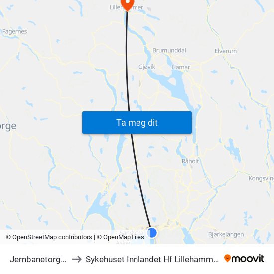 Jernbanetorget to Sykehuset Innlandet Hf Lillehammer map