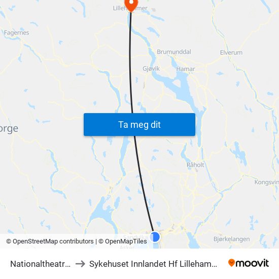 Nationaltheatret to Sykehuset Innlandet Hf Lillehammer map