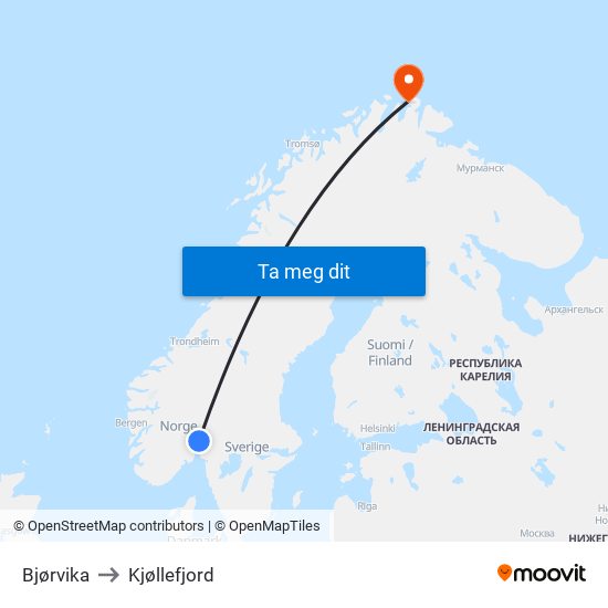 Bjørvika to Kjøllefjord map