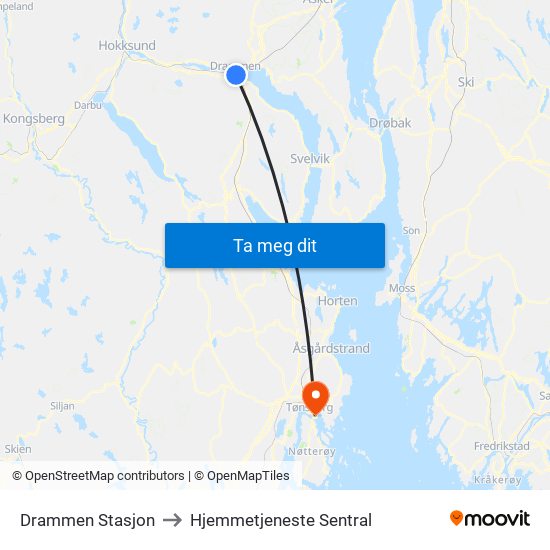 Drammen Stasjon to Hjemmetjeneste Sentral map