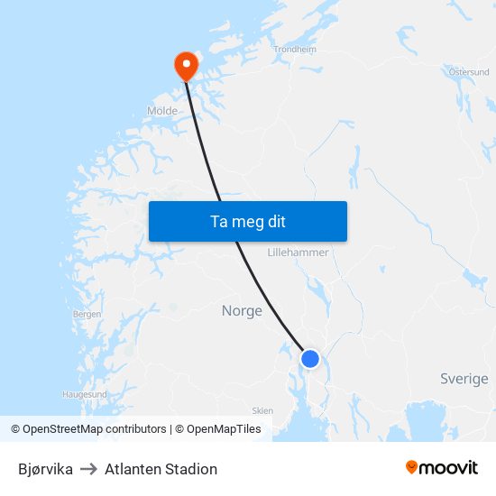 Bjørvika to Atlanten Stadion map