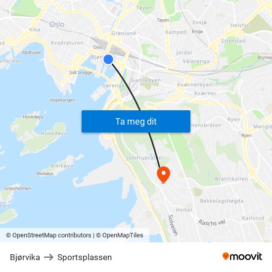 Bjørvika to Sportsplassen map
