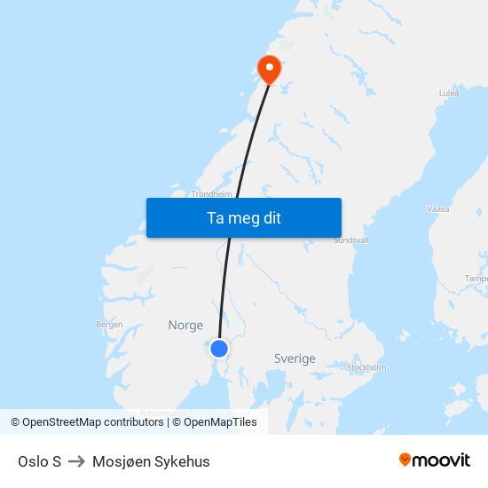 Oslo S to Mosjøen Sykehus map