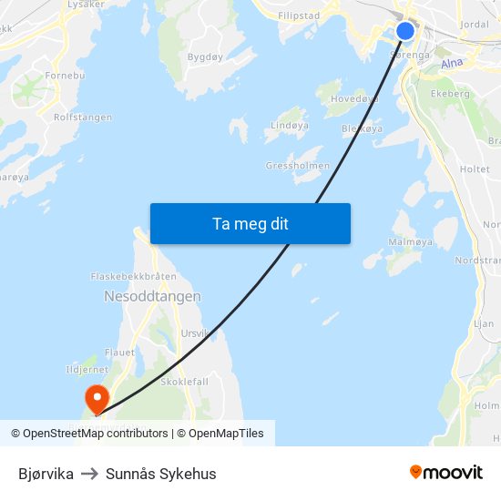 Bjørvika to Sunnås Sykehus map