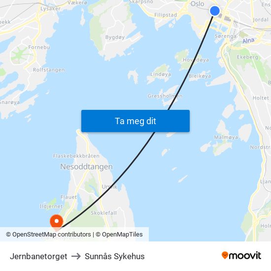 Jernbanetorget to Sunnås Sykehus map