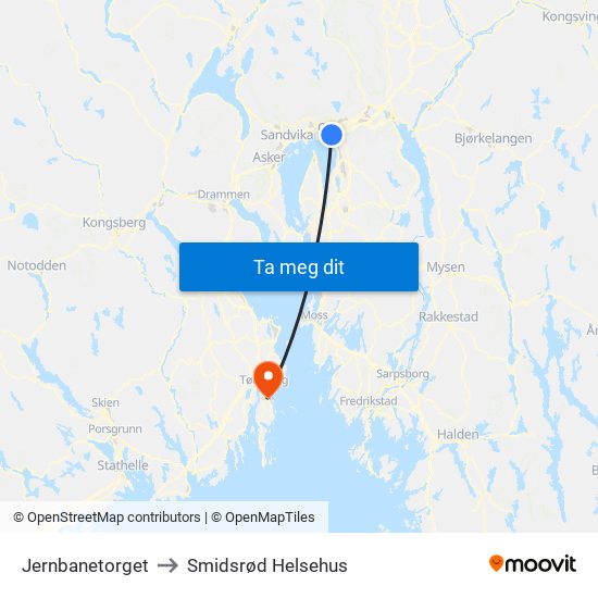 Jernbanetorget to Smidsrød Helsehus map