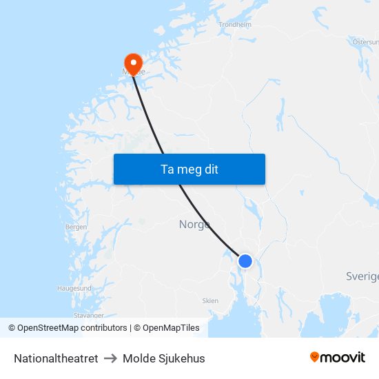 Nationaltheatret to Molde Sjukehus map