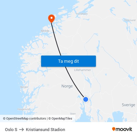 Oslo S to Kristiansund Stadion map