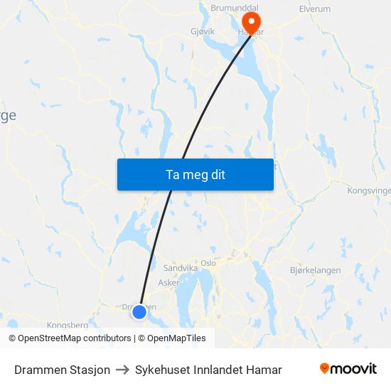 Drammen Stasjon to Sykehuset Innlandet Hamar map