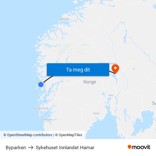 Byparken to Sykehuset Innlandet Hamar map