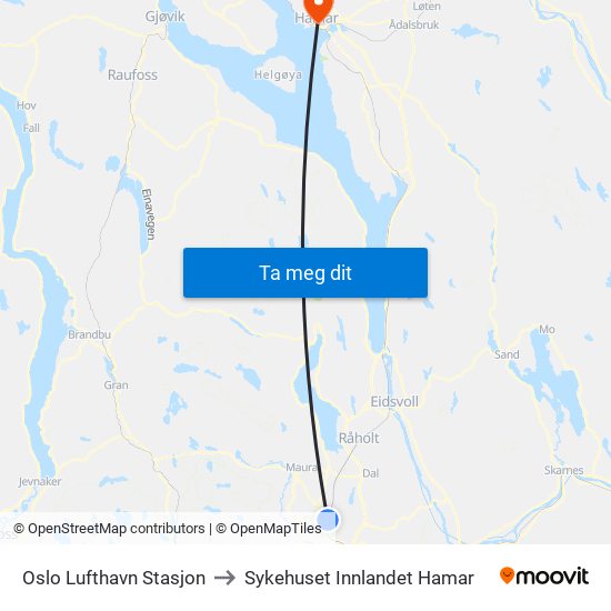 Oslo Lufthavn Stasjon to Sykehuset Innlandet Hamar map