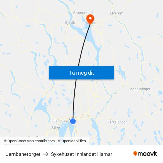 Jernbanetorget to Sykehuset Innlandet Hamar map