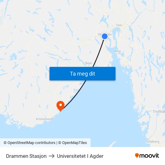 Drammen Stasjon to Universitetet I Agder map