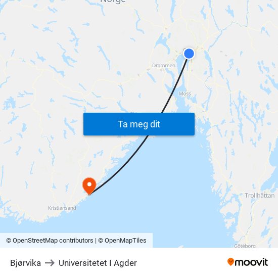 Bjørvika to Universitetet I Agder map