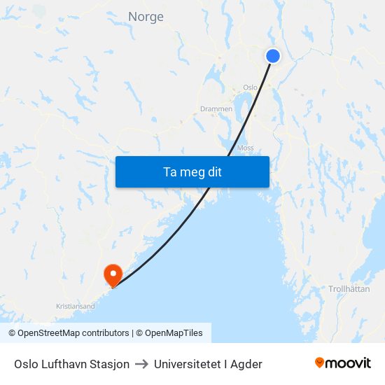 Oslo Lufthavn Stasjon to Universitetet I Agder map