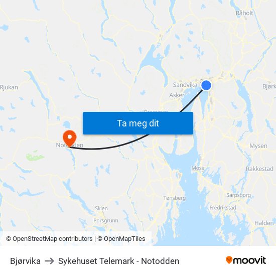 Bjørvika to Sykehuset Telemark - Notodden map