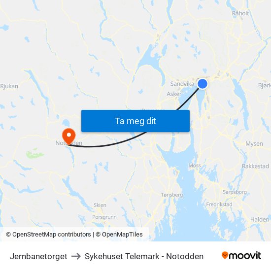 Jernbanetorget to Sykehuset Telemark - Notodden map