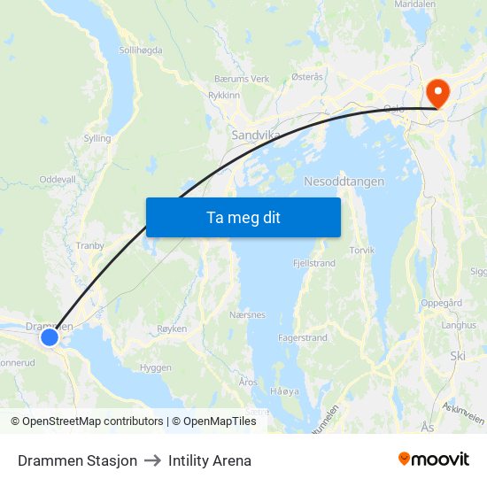 Drammen Stasjon to Intility Arena map