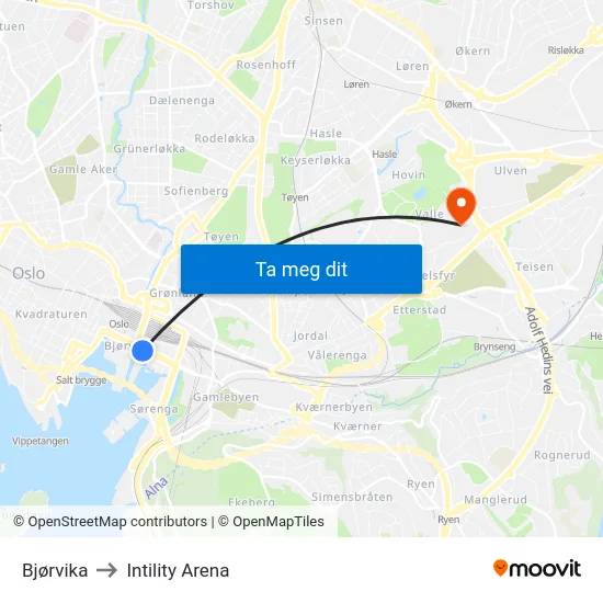 Bjørvika to Intility Arena map
