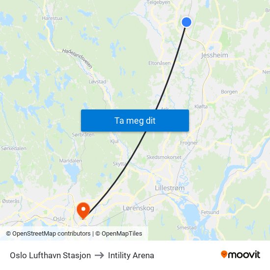 Oslo Lufthavn Stasjon to Intility Arena map
