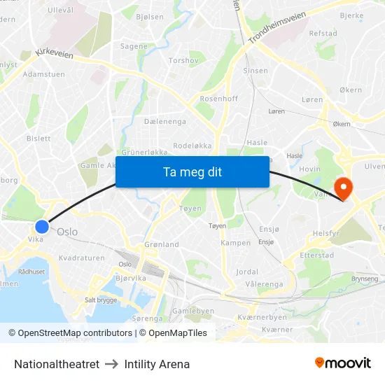 Nationaltheatret to Intility Arena map