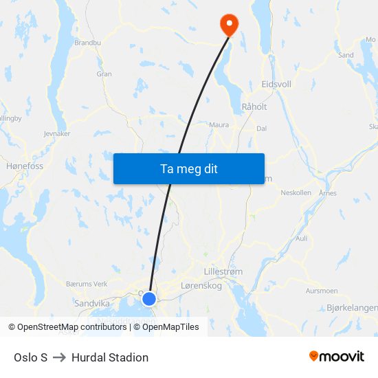 Oslo S to Hurdal Stadion map