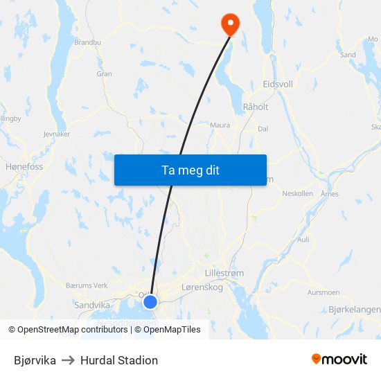 Bjørvika to Hurdal Stadion map