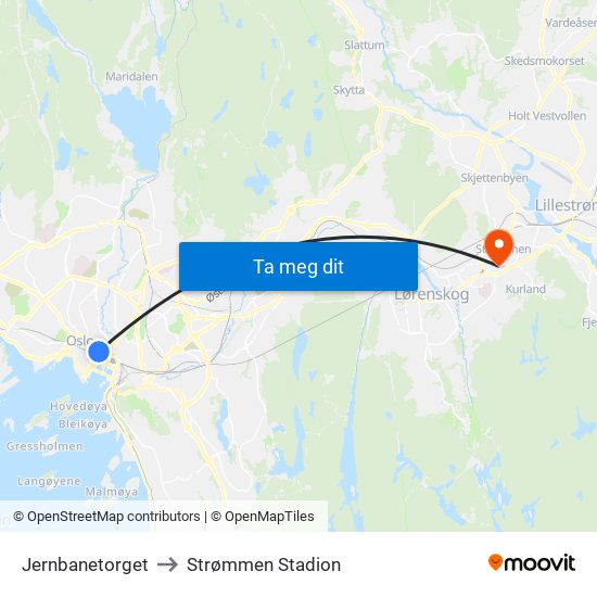 Jernbanetorget to Strømmen Stadion map
