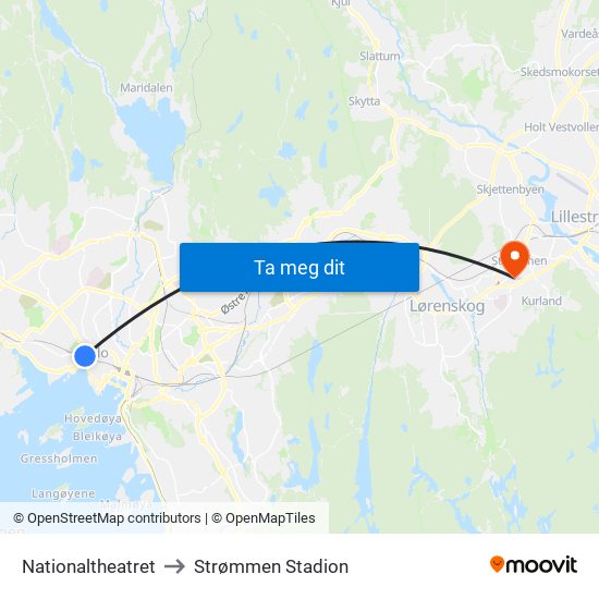 Nationaltheatret to Strømmen Stadion map