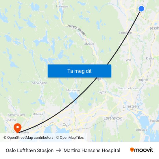 Oslo Lufthavn Stasjon to Martina Hansens Hospital map