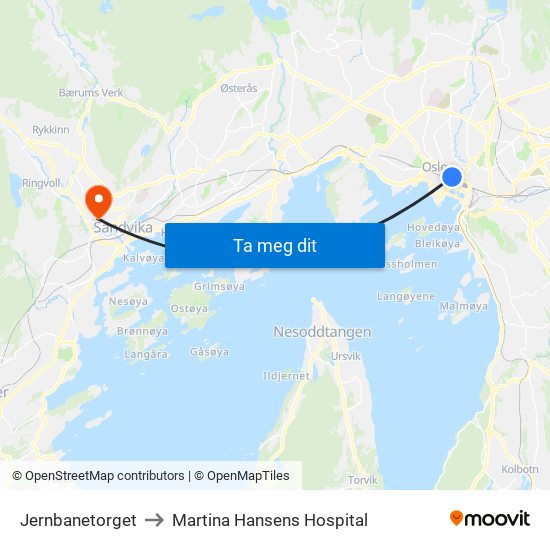 Jernbanetorget to Martina Hansens Hospital map