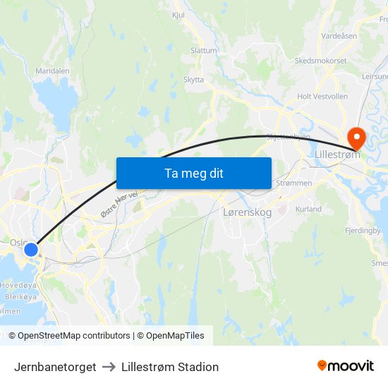 Jernbanetorget to Lillestrøm Stadion map