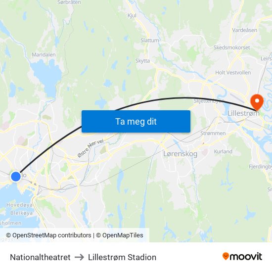 Nationaltheatret to Lillestrøm Stadion map