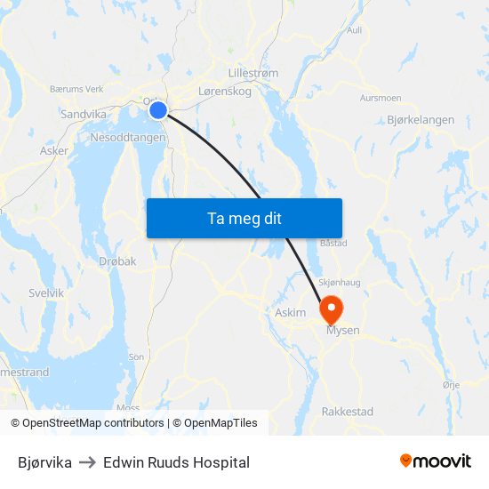 Bjørvika to Edwin Ruuds Hospital map