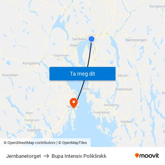 Jernbanetorget to Bupa Intensiv Poliklinikk map