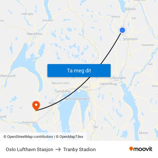 Oslo Lufthavn Stasjon to Tranby Stadion map