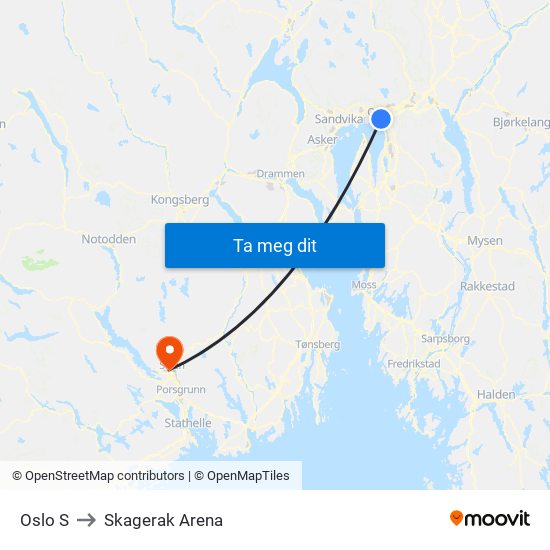 Oslo S to Skagerak Arena map