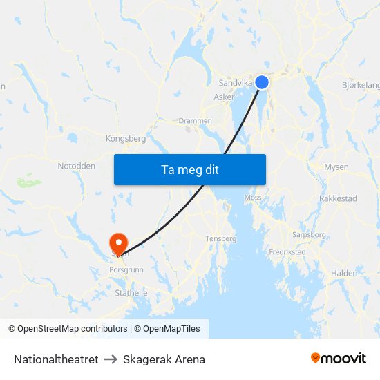 Nationaltheatret to Skagerak Arena map