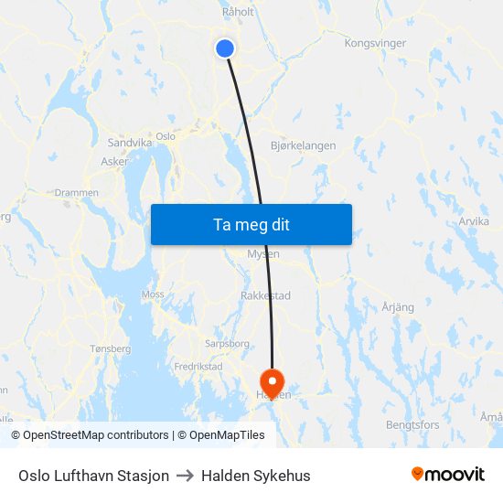 Oslo Lufthavn Stasjon to Halden Sykehus map