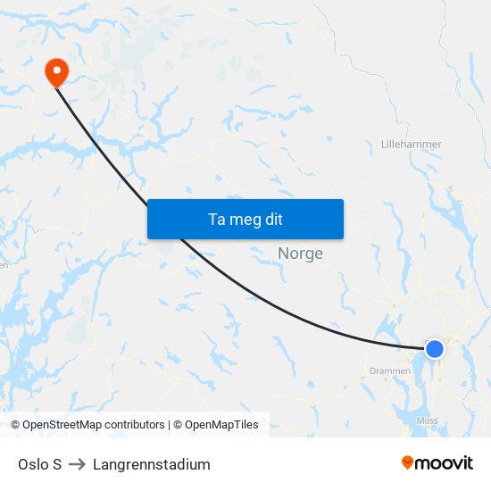 Oslo S to Langrennstadium map