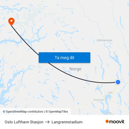 Oslo Lufthavn Stasjon to Langrennstadium map
