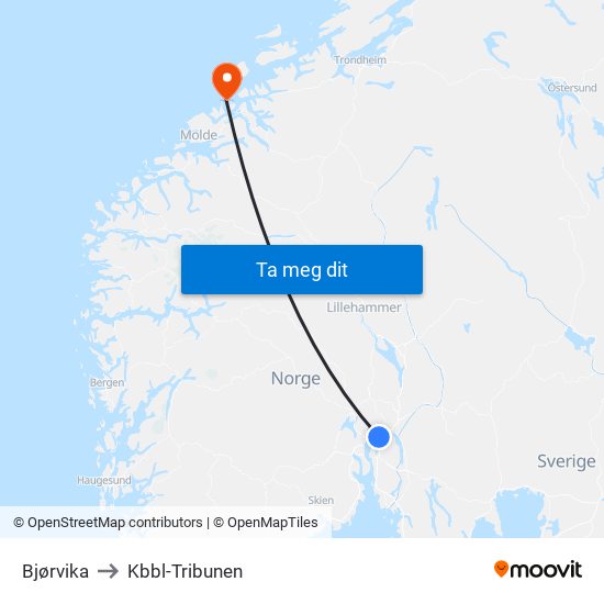 Bjørvika to Kbbl-Tribunen map