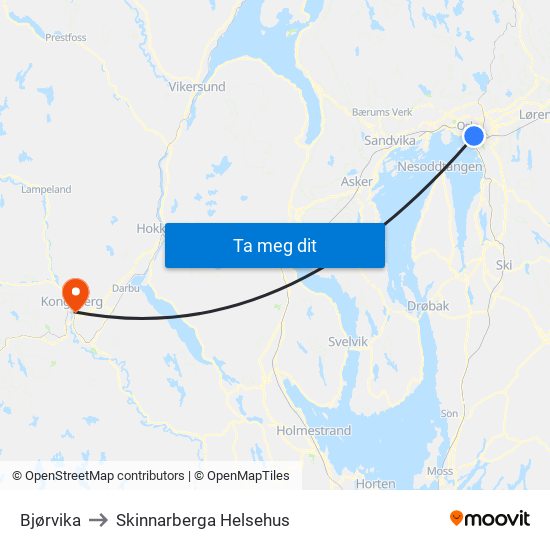 Bjørvika to Skinnarberga Helsehus map