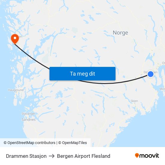 Drammen Stasjon to Bergen Airport Flesland map