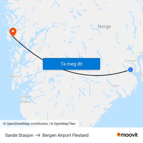 Sande Stasjon to Bergen Airport Flesland map